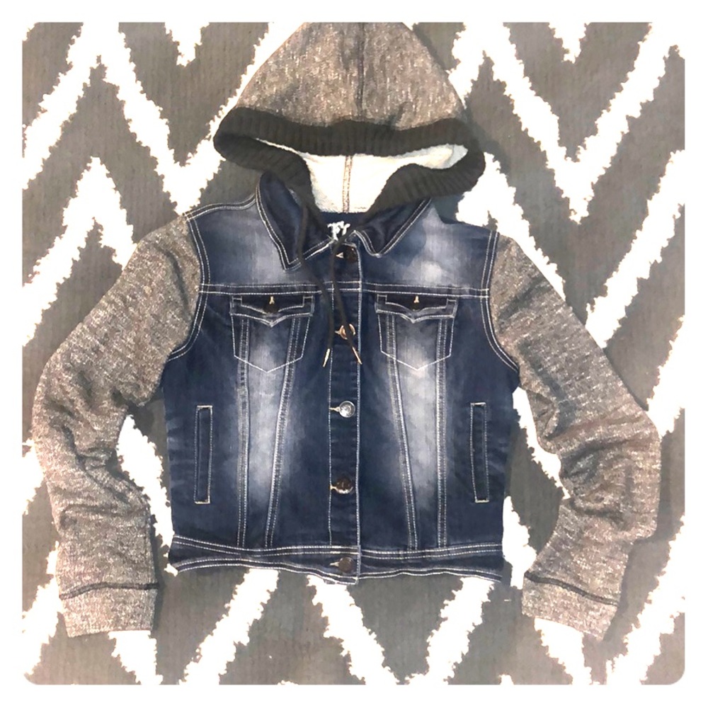 WallFlower Knit Sleeve Hooded Denim Jacket